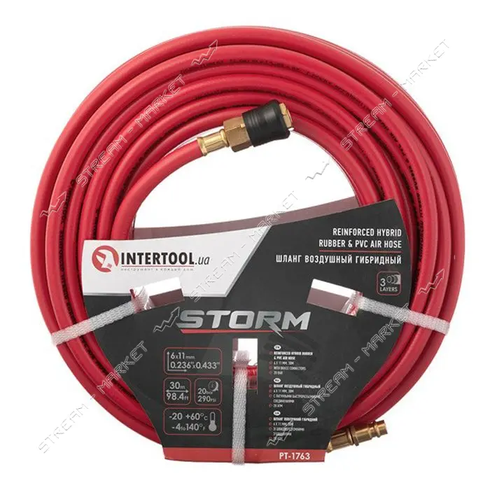 Шланг гибридный профессиональный Intertool PT-1763 20 атм 6x11мм 30м с латун.быстр. соед.Storm      