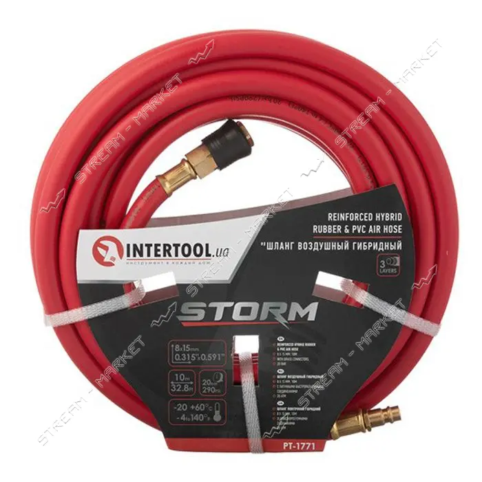 Шланг гибридный проф. Intertool PT-1771 20 атм 8x15мм 10м с латун.быстр. cоедин.Storm