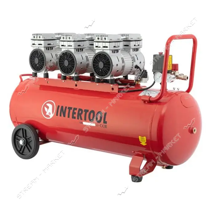 Компрессор Intertool PT-0024 100л 3х0.75кВт 220В 8атм 415 л/мин малошумный безмасляный 6 цилиндр    