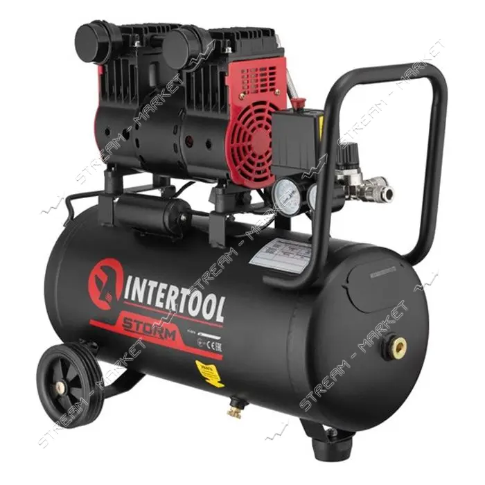 Компрессор Intertool PT-0026 24л 1.1кВт 220В 8атм 160л/мин 1400об/мин малошумный безмасляный        