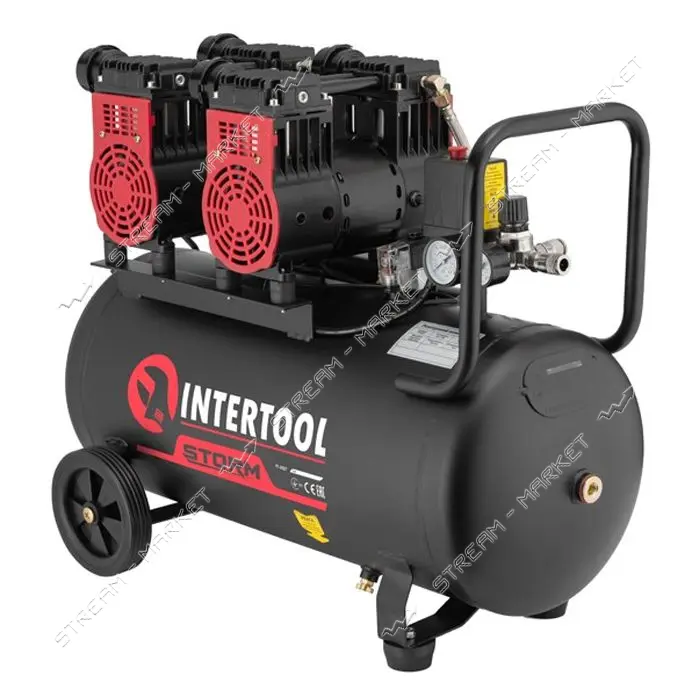 Компрессор Intertool PT-0027 50л 2x1.1кВт 220В 8атм 320л/мин 1400об/мин малошумный безмасл.         