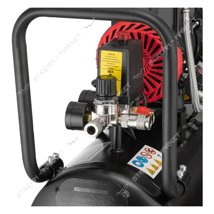 Компрессор Intertool PT-0029 24л 1.1кВт 220В 8атм 200 л/мин 2800об/мин безмасляный 2 цилиндра