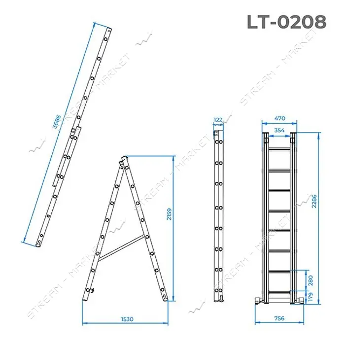 Лестница алюминиевая Intertool LT-0208 2-х секционная универсальная раскладная 2x8 ступенек 3.69м