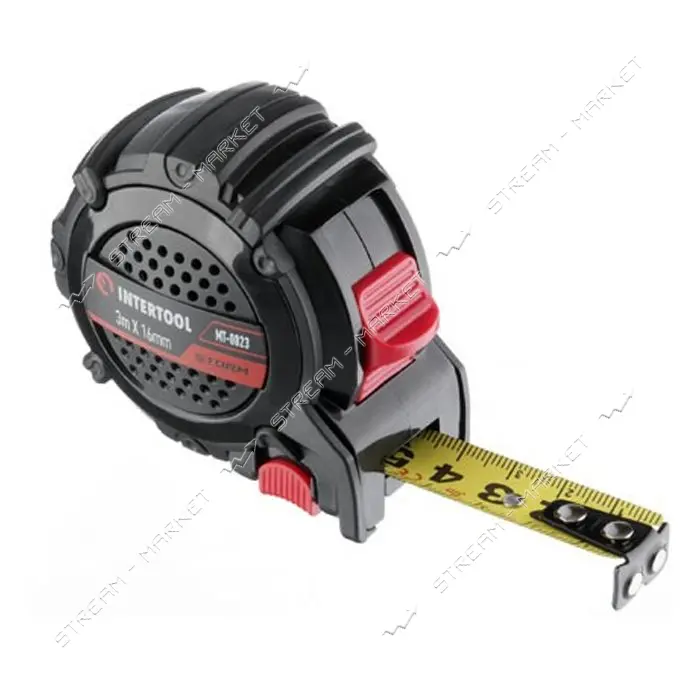 Рулетка Intertool MT-0823 с метал.полотном покрытым нейлоном и магнитами на зацепе 3м х 16мм Storm