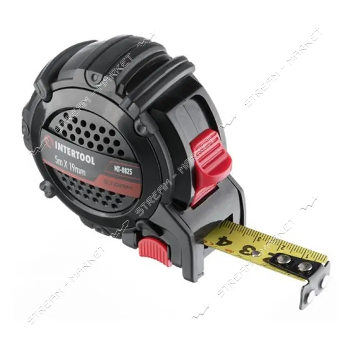 Рулетка Intertool MT-0825 с метал.полотном покрытым нейлоном и магнитами на зацепе 5м х 19мм Storm