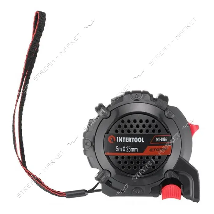 Рулетка Intertool MT-0826 с метал.полотном покрытым нейлоном и магнитами на зацепе 5м х 25мм Storm
