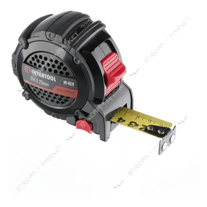 Рулетка Intertool MT-0828 с метал.полотном покрытым нейлоном и магнитами на зацепе 8м х 25мм Storm  