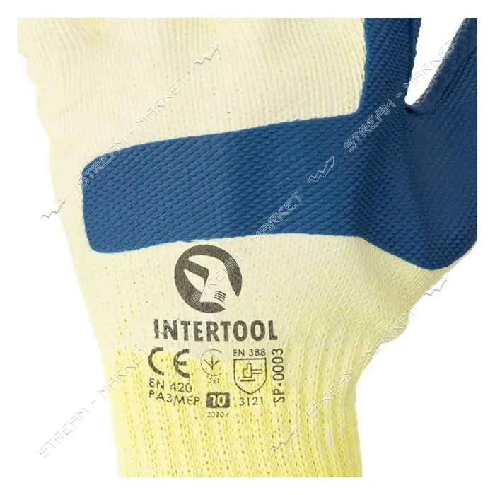 Перчатки стекольщика трикотажные поликоттон Intertool SP-0003 10"с двойным латексным покрытием