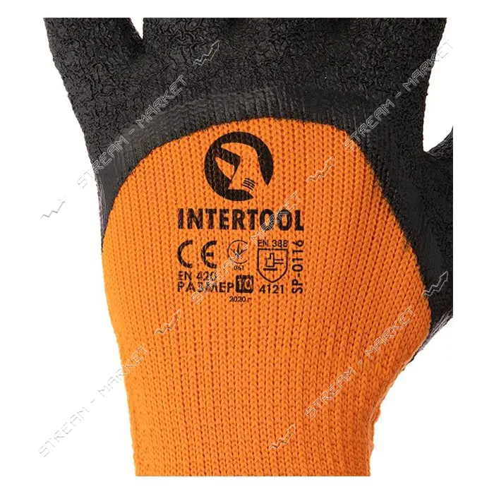 Перчатки трикотажные Intertool SP-0116 10" акриловая утеплен оранж. покрыта черным морщин. латексом 