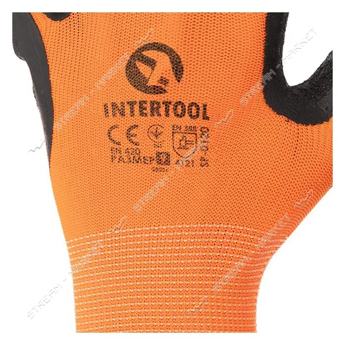 Перчатки трикотажные Intertool SP-0120 синтетич. оранж. покрыта черным рифленым латексом 9"