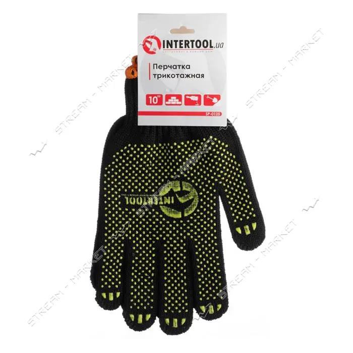 Перчатки трикотажные Intertool SP-0125 60% хлопок/40% полиэстер с ПВХ точкой класс вязки 7 черные   