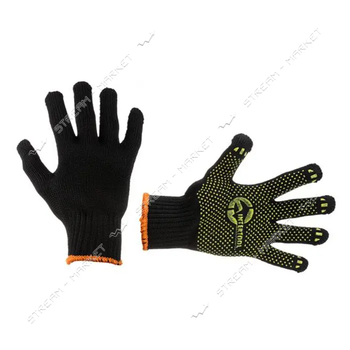 Перчатки трикотажные Intertool SP-0125 60% хлопок/40% полиэстер с ПВХ точкой класс вязки 7 черные   