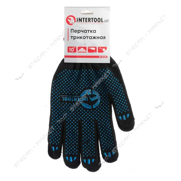 Перчатки трикотажные Intertool SP-0129 70% хлопок/30% полиэстер с ПВХ точкой класс вязки 10 черные