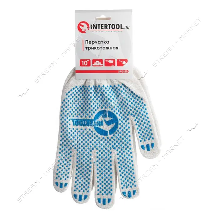 Перчатки трикотажные Intertool SP-0130 70% хлопок/30% полиэстер с ПВХ точкой класс вязки 10 белые