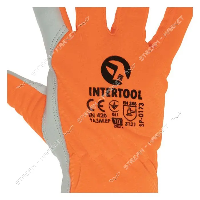 Перчатки кожаные Intertool SP-0173 10" комб из высококачественной козьей кожи и флуоресцент         