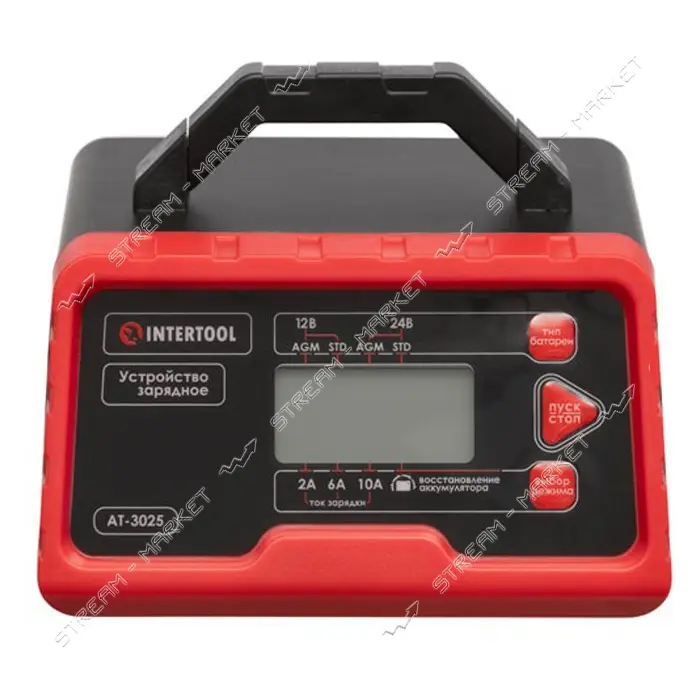 Устройство зарядное для аккумуляторов Intertool AT-3025 12 В-2/6/10 А 24 В-2/6 А 2.2-200 Ач LCD-д   