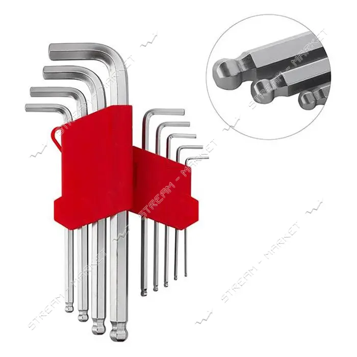 Набор Г-образных шестигранных ключей Intertool HT-0603 с шарообр-ым након-ом 1.5-10мм Cr-V 55HRC 9шт