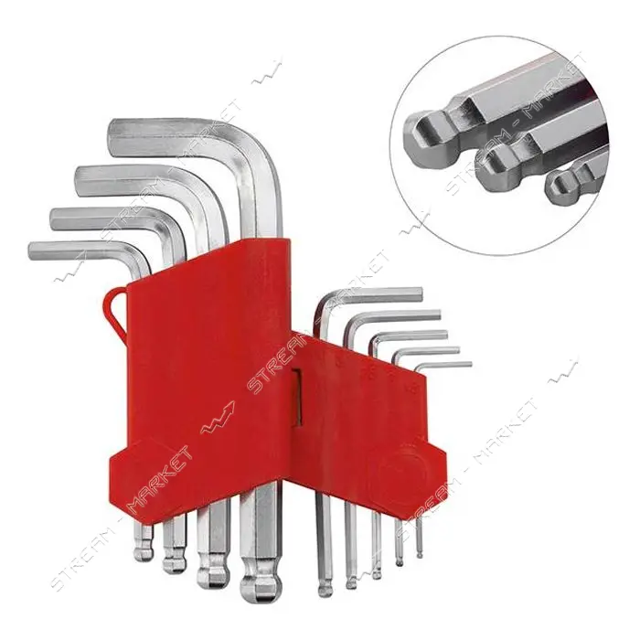 Набор Г-образных шестигранных ключей Intertool HT-0605 с шарообр-ым накло-ом 1.5-10 мм CrV55HRCS 9шт