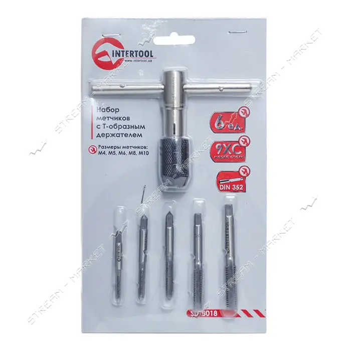 Набор метчиков Intertool SD-8018 с Т-образным держателем M4/М5/M6/M8/M10 6шт