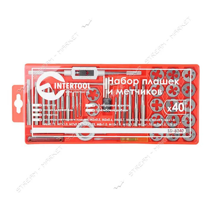 Набор плашек Intertool SD-8040 M3-M12 и метчиков M3-M12 40шт                                        