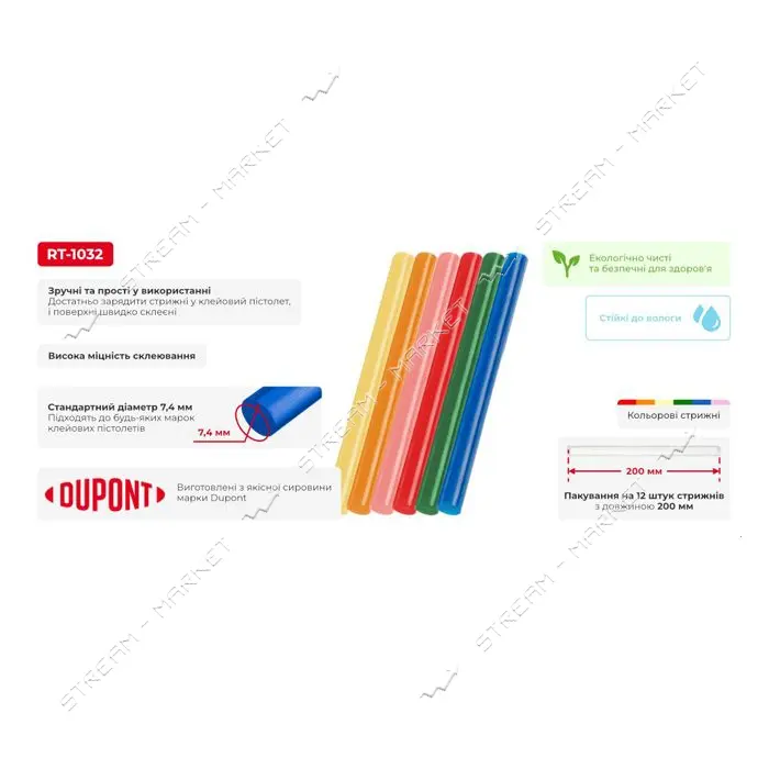 Комплект клеевых стержней Intertool RT-1032 7.4х200мм ассорти 12шт                                  