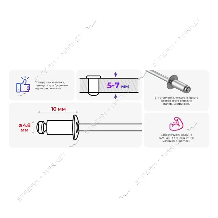 Заклепка Intertool RT-4810 алюминиевая 4.8х10мм