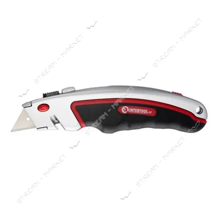 Нож Intertool HT-0516 с выдвижным трапециевидным лезвием металлический корпус прорезиненный.