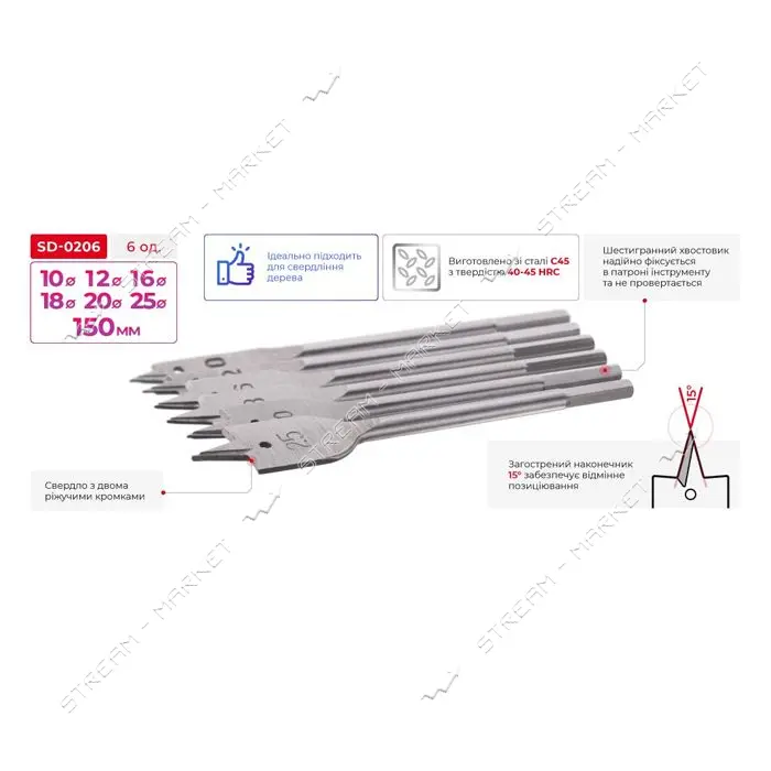 Набор сверл Intertool SD-0206 по дереву 6шт
