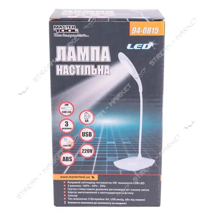 Лампа настольная гибкая Master-Tool 94-0815 сенсорный включатель 3 режима 125х100х350мм COB LED