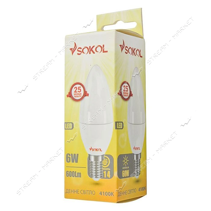 Лампа светодиодная SOKOL C37 cвеча 6W 4100К Е14
