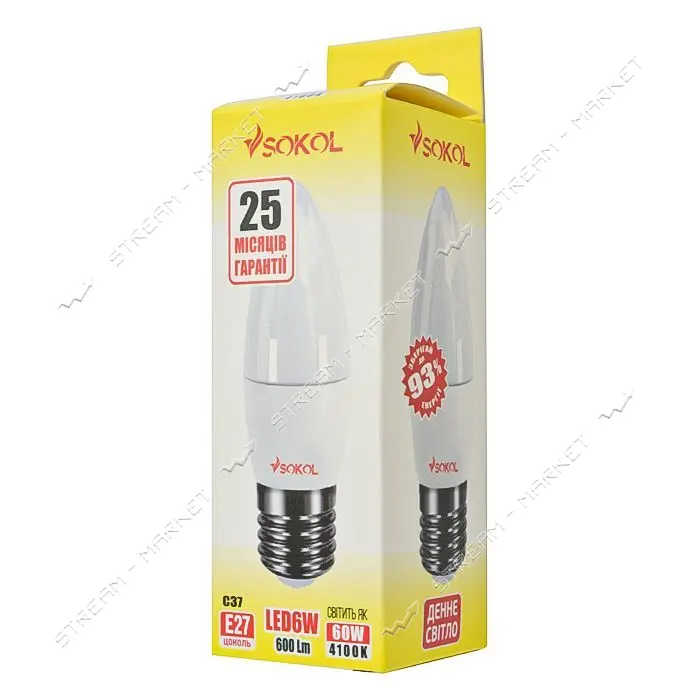 Лампа светодиодная SOKOL C37 свеча 6W 4100К Е27                                                     