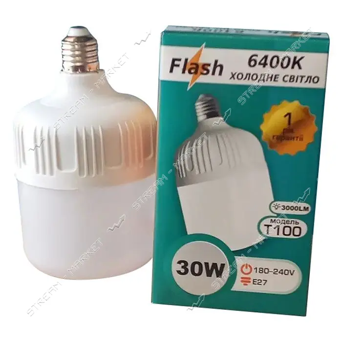 Лампа светодиодная Flash Т100 30W 6400K 3000lm E27 холодный свет