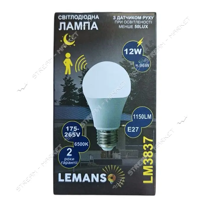 Лампа светодиодная Lemanso A60 12W 6500K холодная Е27 LM3837 встроенный датчик движения
