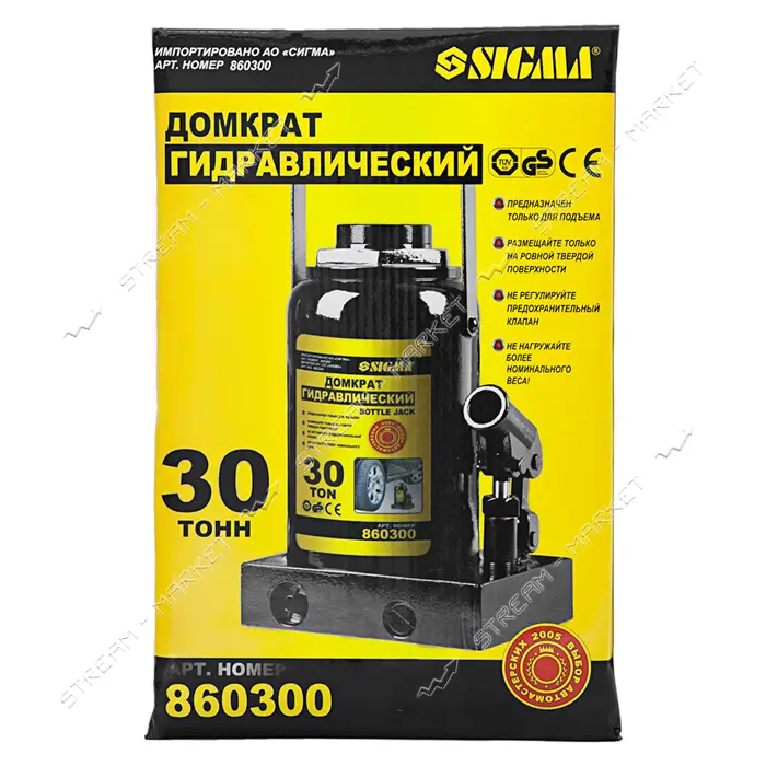 Домкрат гидравлический Sigma 6101301 860300 бутылка 30т