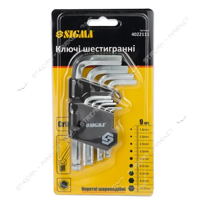 Ключи 6-гранные Sigma 402211 9шт 1.5-10мм CrV короткие (шар)
