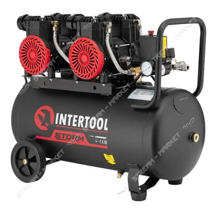 Компрессор Intertool PT-0030 50л 2x1.1кВт 220В 8атм 400л/мин 2800об/мин безмасляный 4 цилиндра      