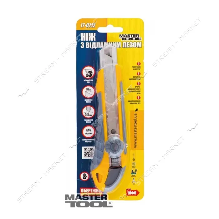 Нож Mastertool 17-0112 18мм с металлическкой направляющей винтовой замок плюс 2 лезвия
