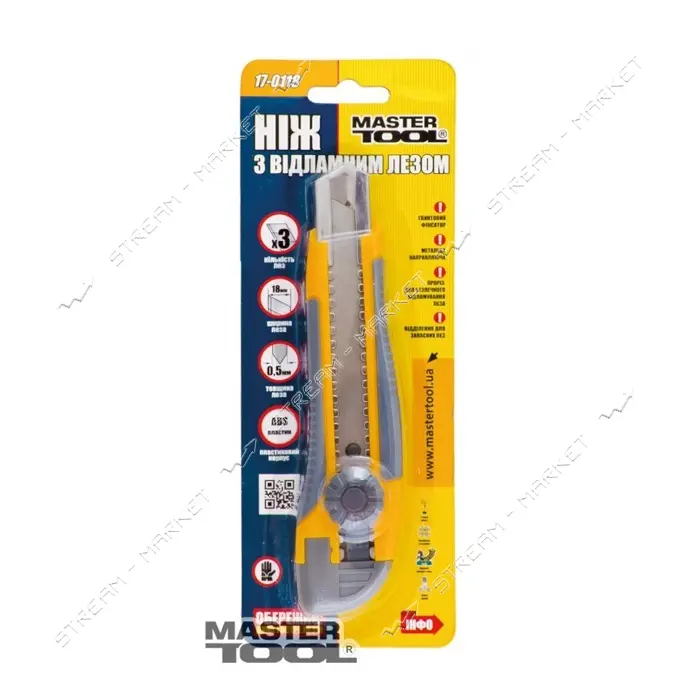 Нож Mastertool 17-0118 18мм с металлической направляющей винтовой замок плюс 2 лезвия