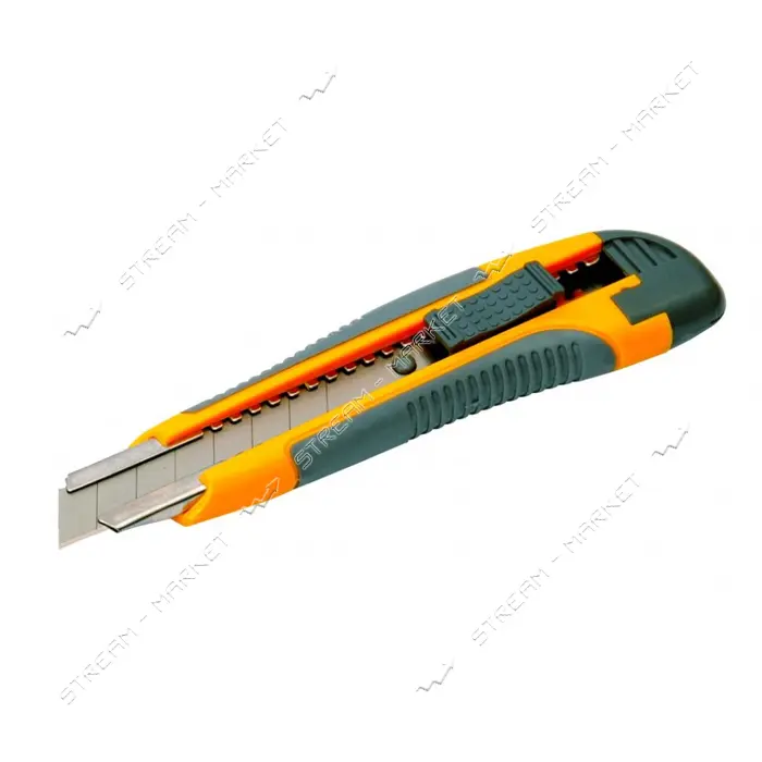 Нож Mastertool 17-0119 18мм с металлической направляющей кнопочный фиксатор плюс 2 лезвия