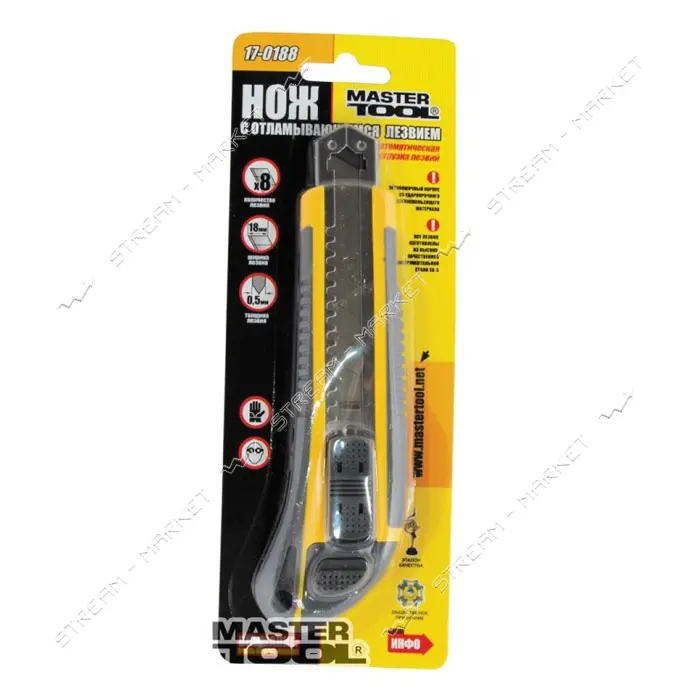 Нож Mastertool 17-0183 18мм с металлической направляющей кнопочный фиксатор плюс 3 лезвия
