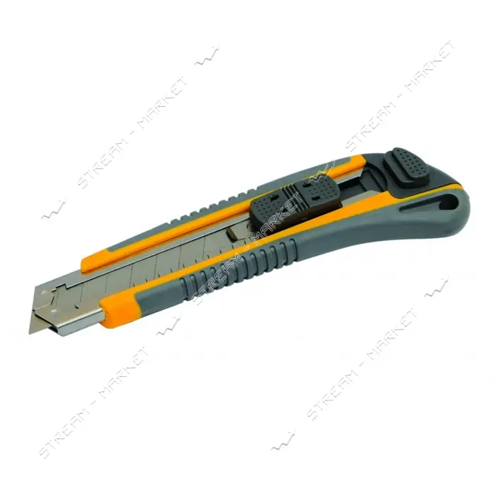Нож Mastertool 17-0183 18мм с металлической направляющей кнопочный фиксатор плюс 3 лезвия