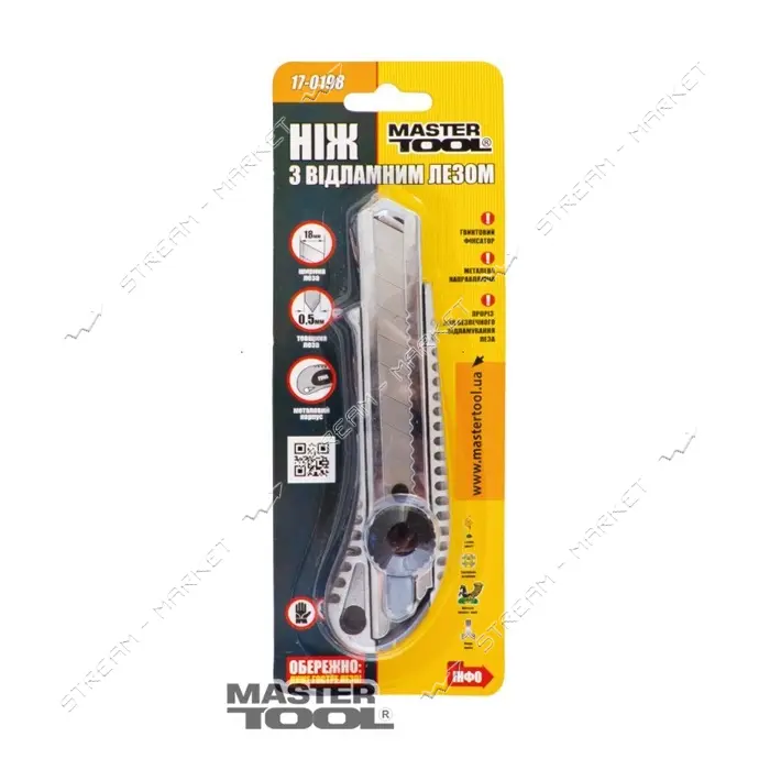 Нож Mastertool 17-0198 18мм металлический с направляющей винтовой замок