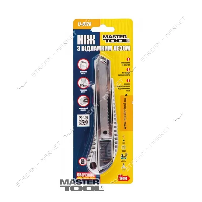 Нож Mastertool 17-0128 18мм металлический с направляющей кнопочный фиксатор                         