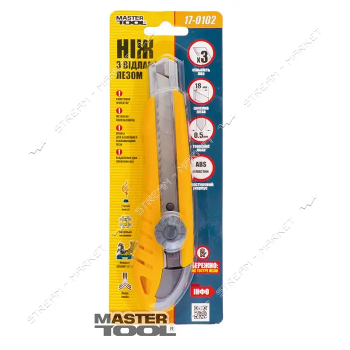 Нож Mastertool  17-0102 18мм пластиковый с металлической направляющей винтовой замок плюс 2 лезвия  