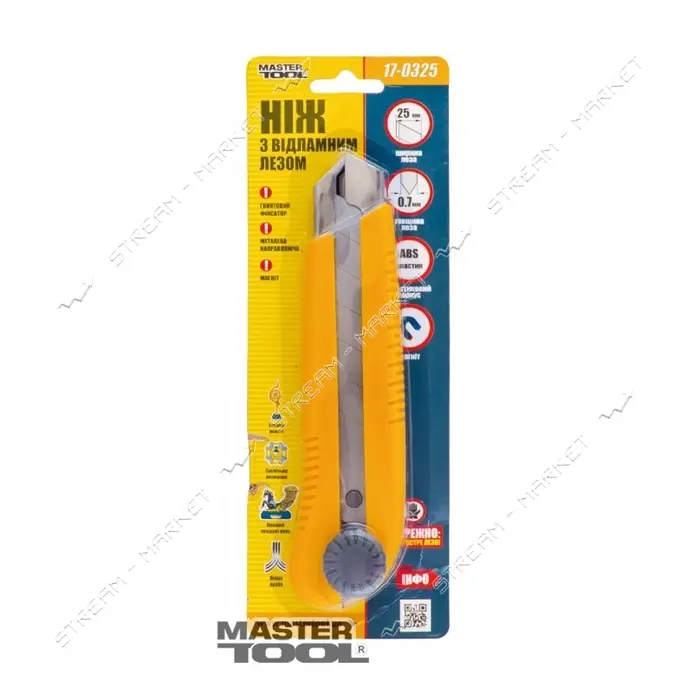 Нож Mastertool 17-0325 25мм пластиковый с металлической направляющей винтовой замок
