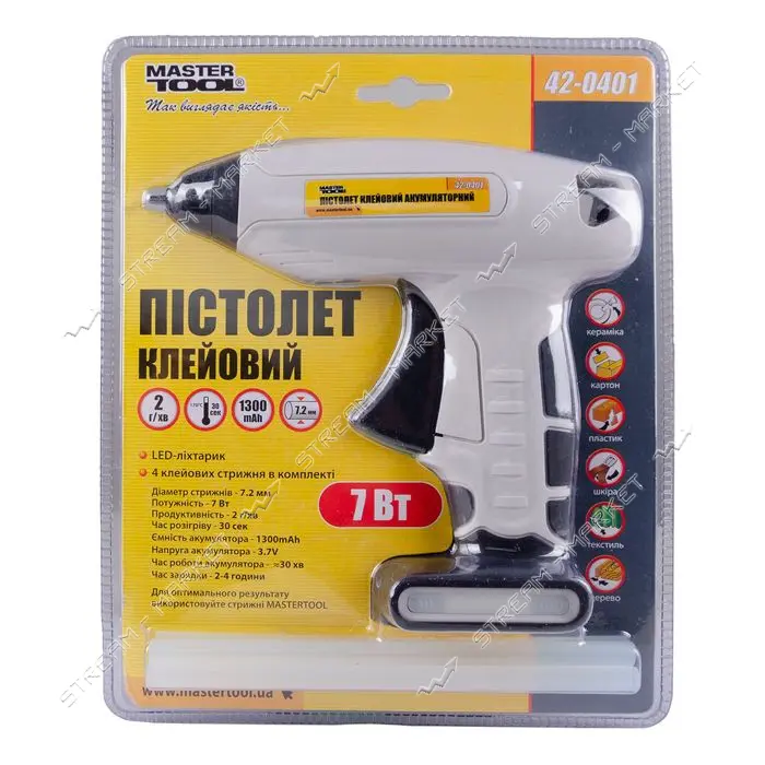 Пистолет клеевой Master-Tool 42-0401 аккумуляторный 7.2мм DC3.7V 1300mAh капля-стоп