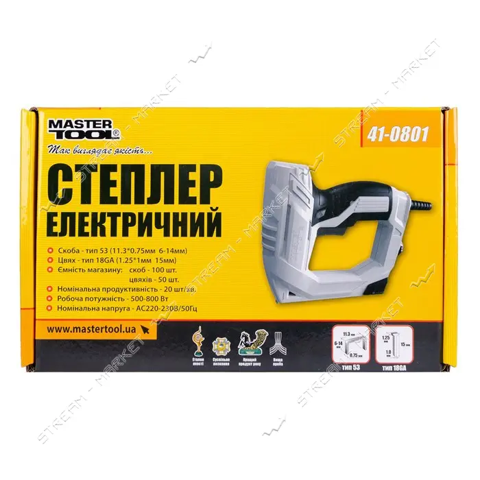 Степлер электрический MasterTool 41-0801 скоба 6-14мм 11.3x0.7мм гвоздь 15мм
