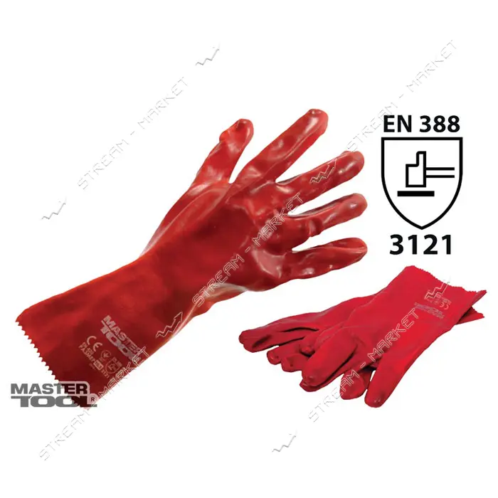 Перчатки Mastertool 83-0502 кислотостойкие х/б трикотаж ПВХ покрытие манжет крага красные 12 пар    