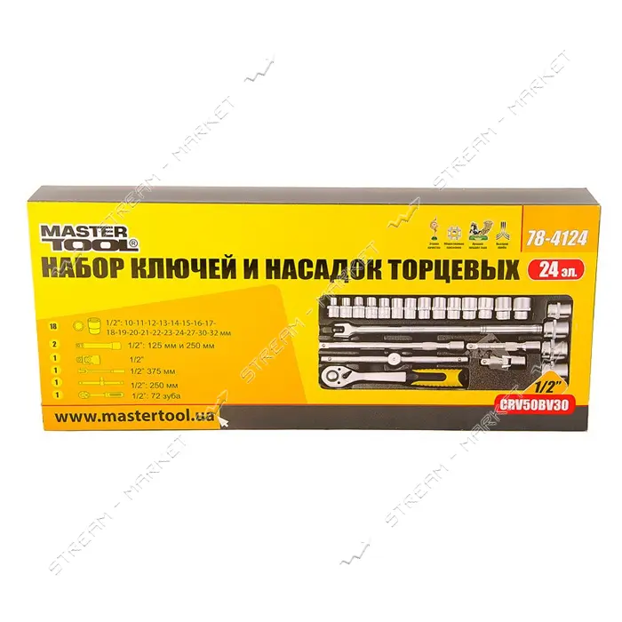 Набор насадок торцевых Mastertool 78-4124 CrV с трещеткой 72 зуба в металлическом кейсе 24шт