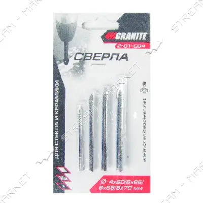 Набор сверл пика по стеклу и плитке Granite 2-01-004 4x60 5x65 6x68 8x70мм 4шт                      